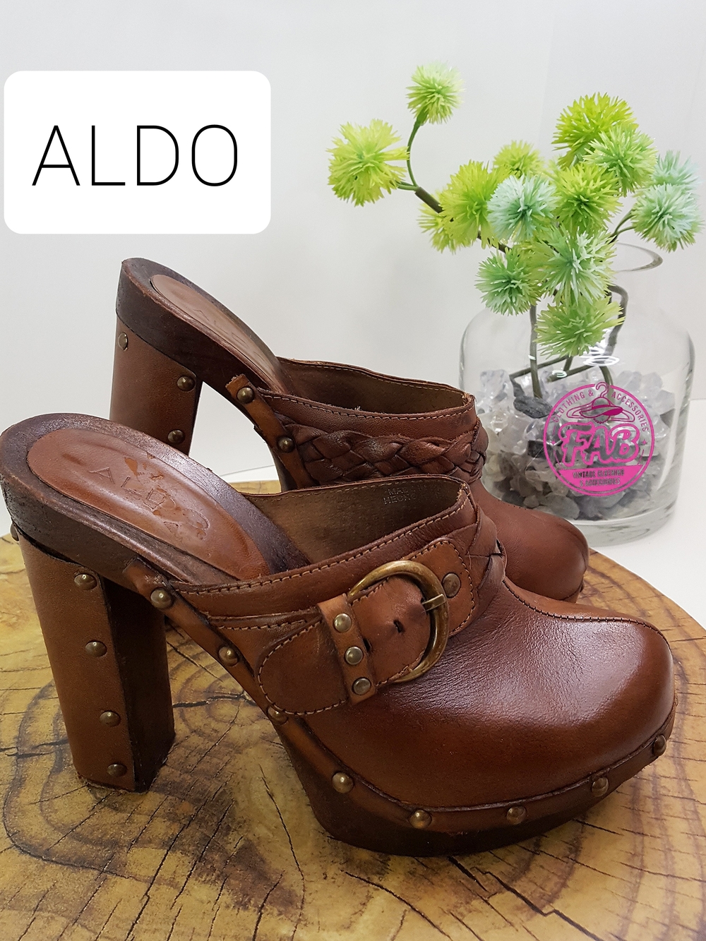 ALDO🌾Vintage Italian Brown Studded Leather Clog Mules with Buckle